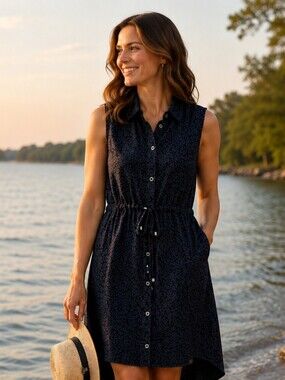 Max Jeans Navy Sleeveless Shirtdress with Drawstring Waist subtle leopard print